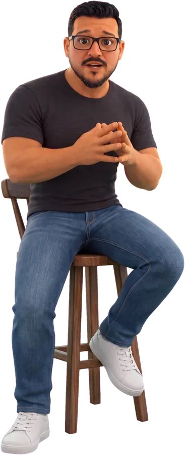 Joel, em desenho, sentado num banquinho.