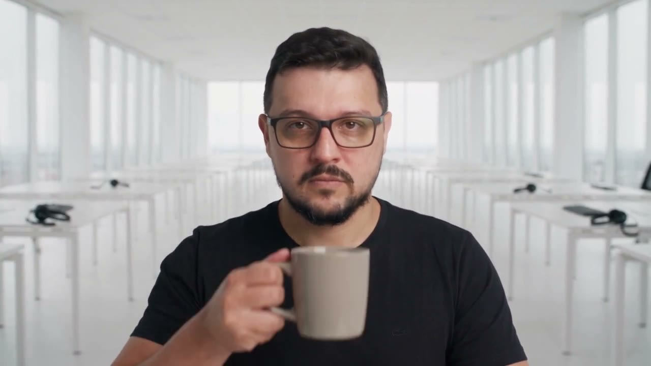 Joel, sozinho e sério, com uma caneca de café, num escritório de vendas vazio.