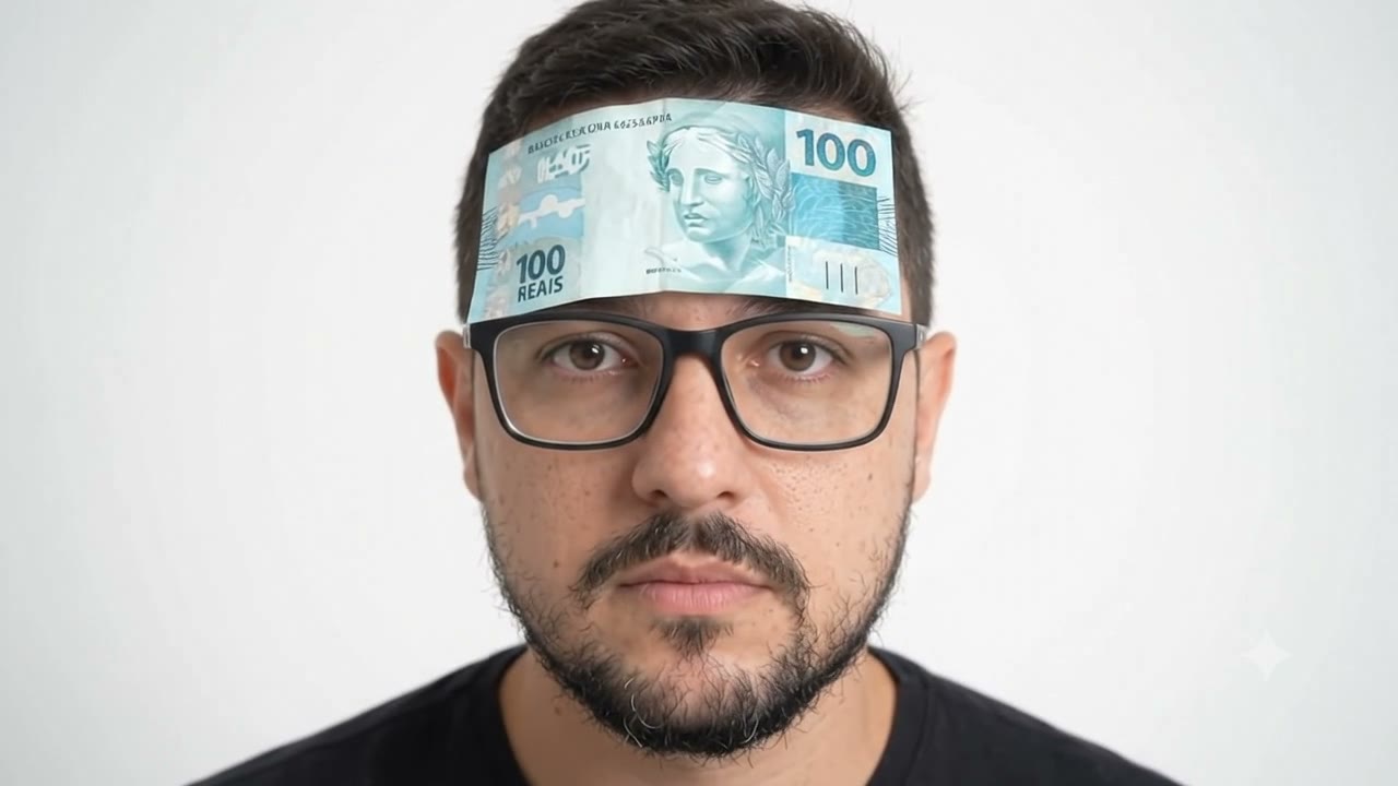 Joel, sério, com uma nota de 100 reais colada na testa.